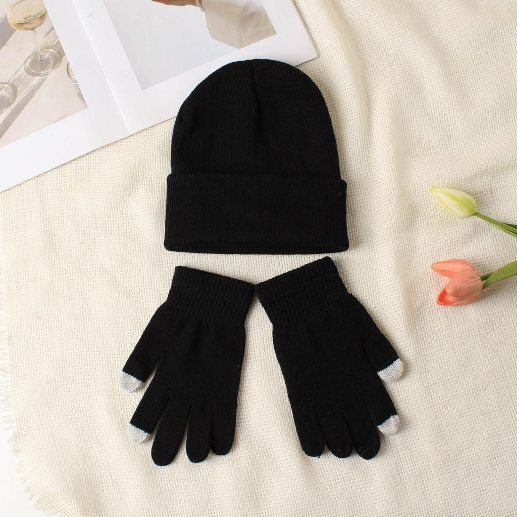 Knitted hat and glove combination set, versatile and fashionable woolen hat, autumn and winter warm pullover hat