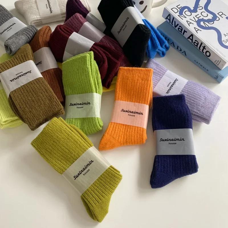 1 Paar Damen Baumwolle Lockere Socken Herbst Winter Strick Einfarbig Lang Schwarz Rosa Koreanisch Japanisch Studentinnen Strümpfe Retro