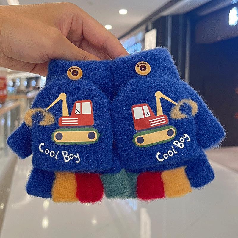 Thickened Cartoon Wool Flip-Top Half-Finger Gloves for Boys синий