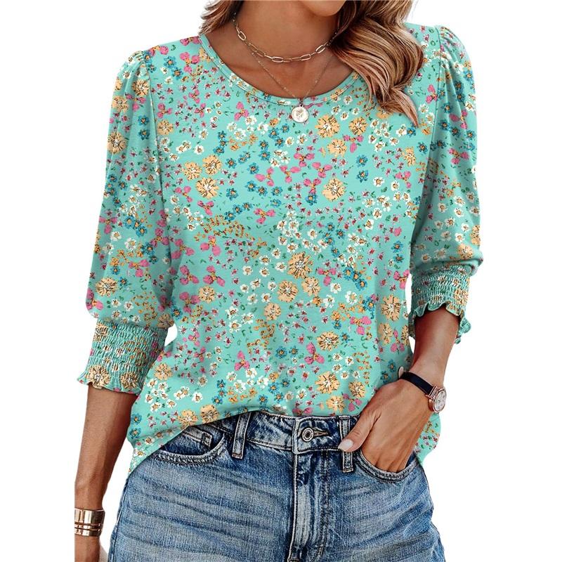 European And American Women's Summer Tops Loose Casual Printed Three-quarter Sleeve Round Neck T-shirt Shirt Tops
