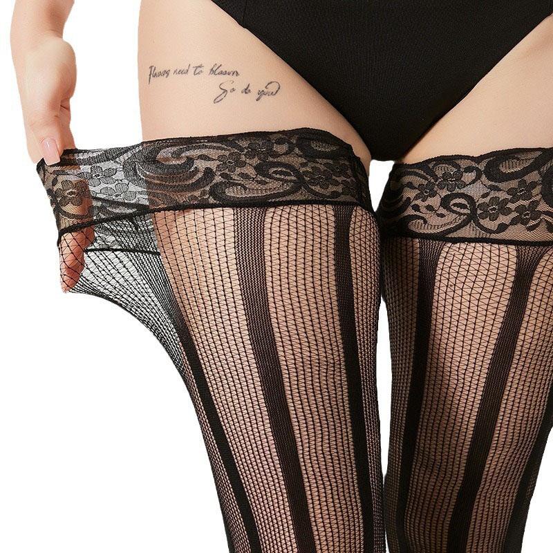 Sexy Thin Vertical Stripe Hollowed Out Fishnet Socks Women Black Stockings
