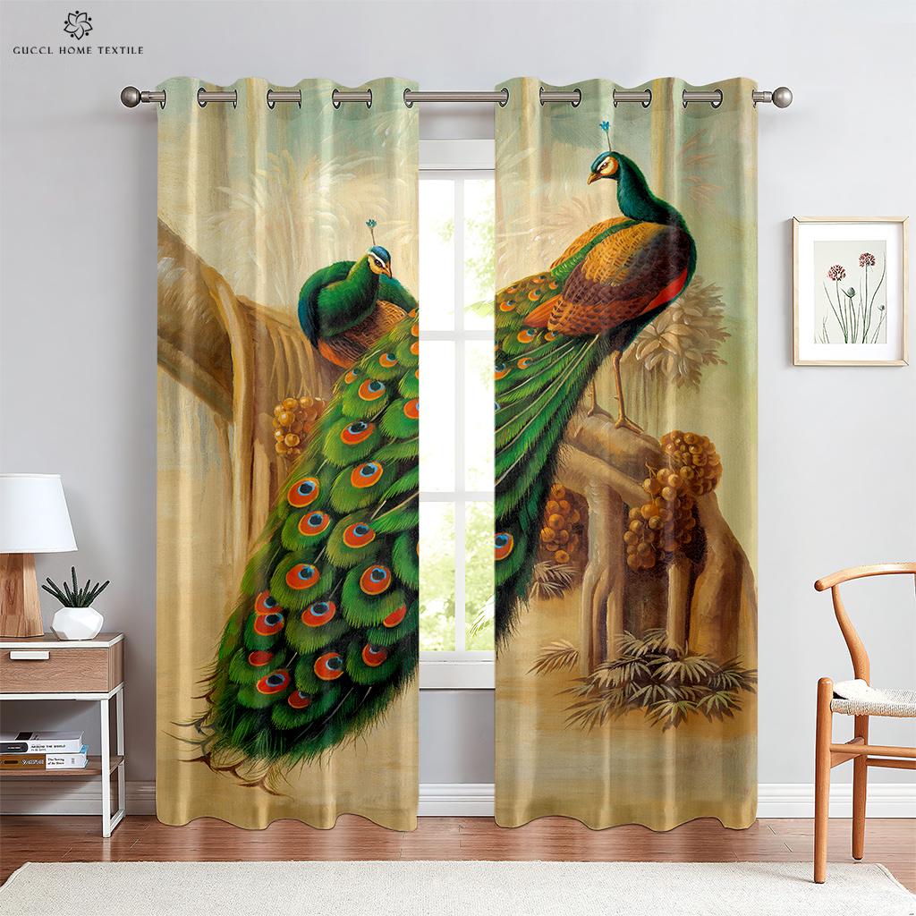 Vintage Peacock 3D-utskrift vindusgardiner, stanglomme, soverom, stue, kjøkkeninnredning, kan tilpasses, 2 stk.