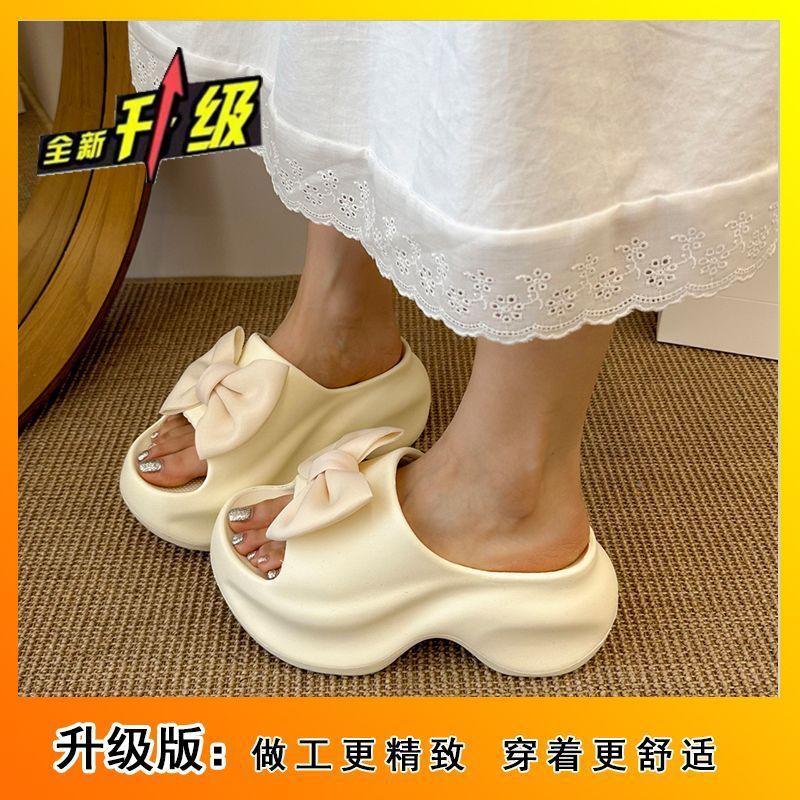 Height-increasing platform casual beach shoes 2025 summer and autumn new French fashion bow one-word slippers women's outer wear