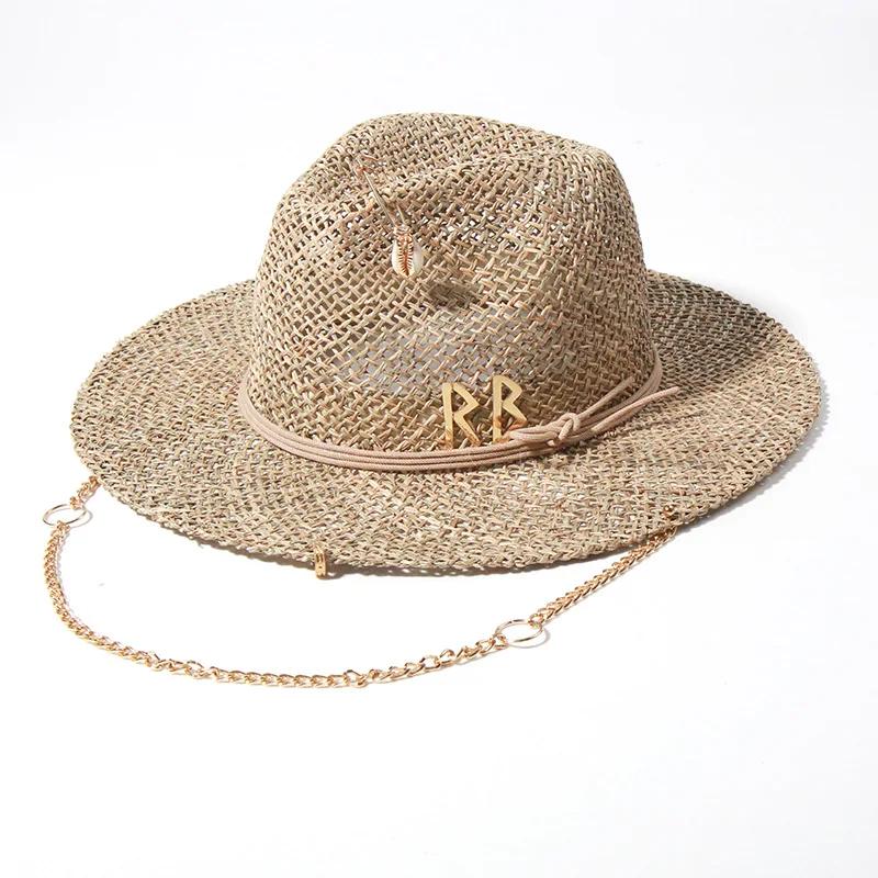 

Panama Straw Sun Hat Wide Brim UPF50+ Foldable, Navy & Beige Contrast Beach Hat Adjustable Chin Strap Women Summer M(56-58CM)