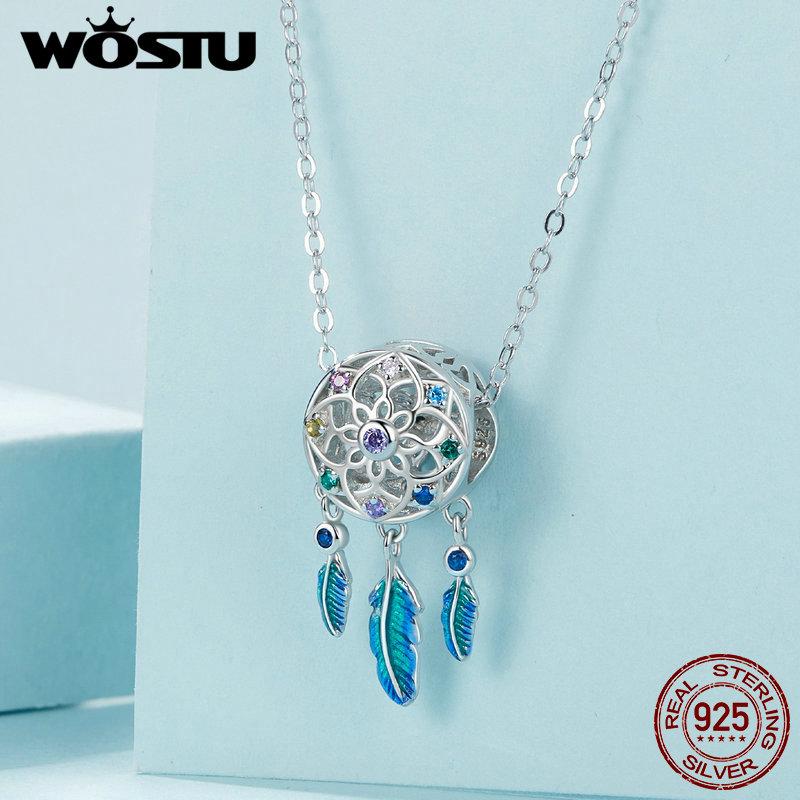 WOSTU 925 Sterling Silver Rainbow Dream catcher Charms Pendant Blue Angel Wing Beads Fit Original Bracelet Neckace DIY Gift