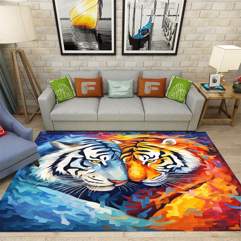 Dual Tiger with Ice Flame Effects Living Room Large Carpet  White Tiger Patterns Anti-slip Rug for Home Decor