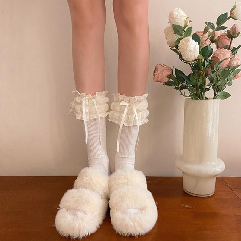 1 Pair Princess Style Dress Socks for Girls Sweet Frilly Socks Ballet Socks Ruffle Ankle Socks with Bows Lace Top Sock