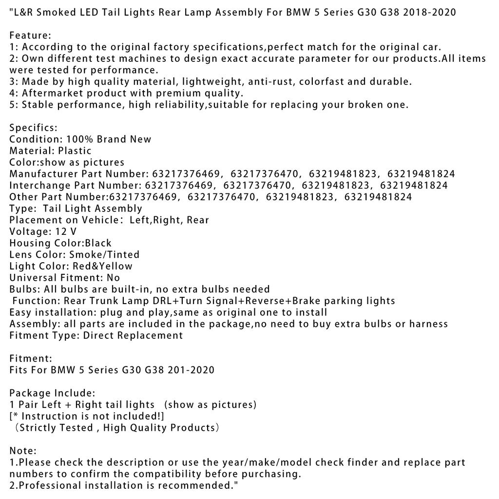 L&R Smoked LED Tail Lights Rear Lamp Assembly For BMW 5 G30 G38 2018-2020