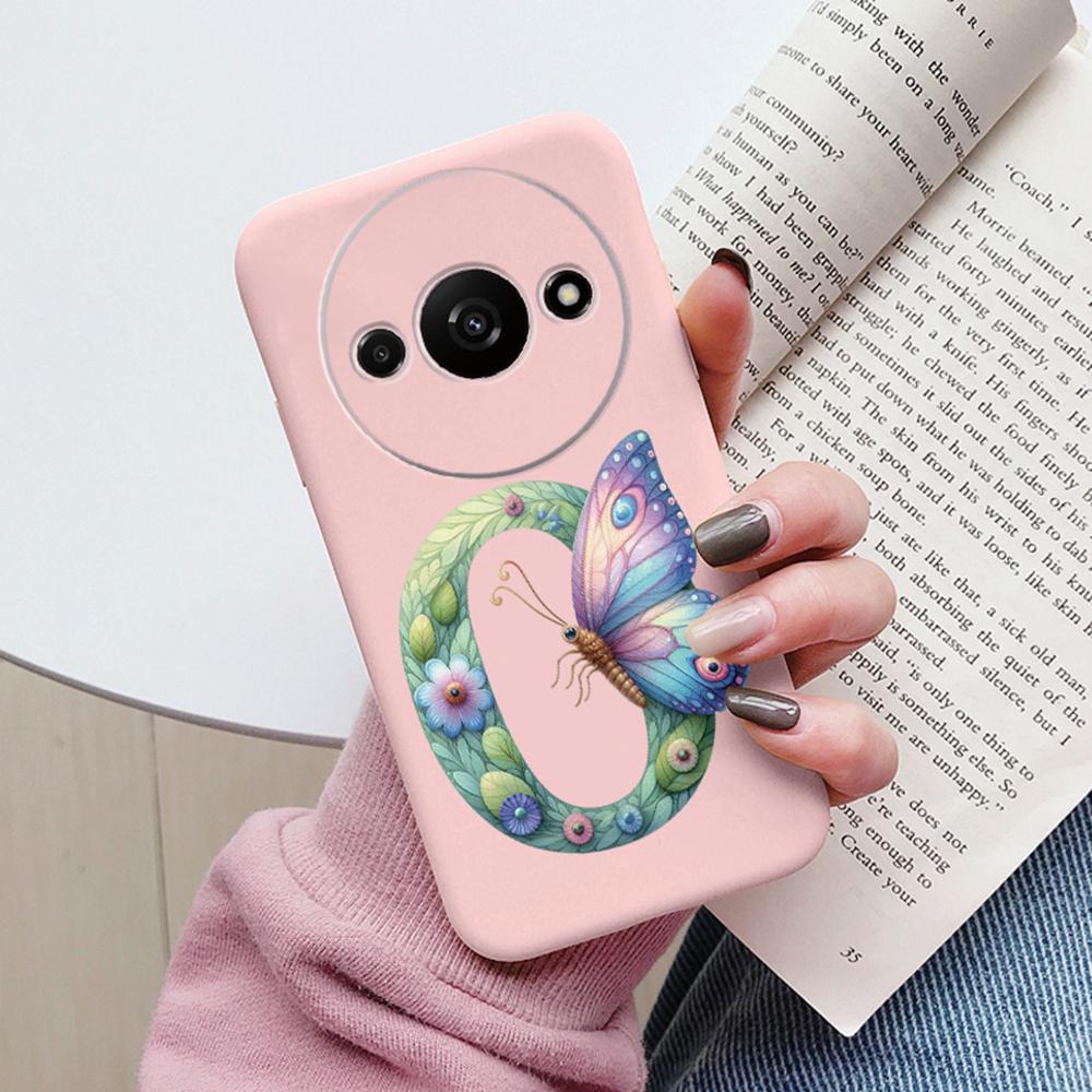 Handyhülle für Xiaomi Redmi A3 4G A3x Rosa Buchstabe Blume Schmetterling Stoßfest Weiches Silikon Cover Kameraschutz TPU Fundas