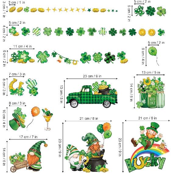 decalmile St. Patrick's Day Shamrock Double Sided Window Clings Green lrish Gnomes Truck Gold Co Window Decals Anti-Collision Glass Window Doors