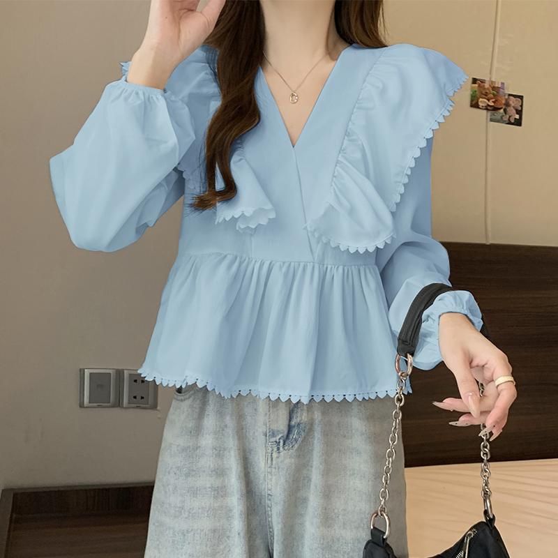 

VONDA Женские повседневные кружевные лацканы однотонные длинные рукава блузки L синий