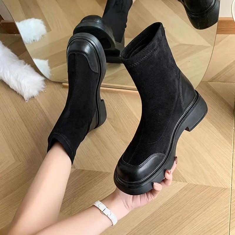 Fashion Booties Round Toe Female Short Shoes Chunky Combat Platform Women's Ankle Boots Punk Style Suede Y2k Sale on Offer Promotion Pu