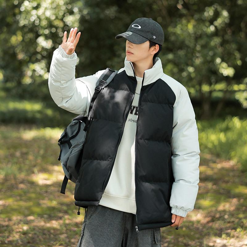 

Down cotton jacket winter couple thickened warm bread clothes men s casual cotton clothes loose color matching stand-up neck cotton-padded clothes S чёрный