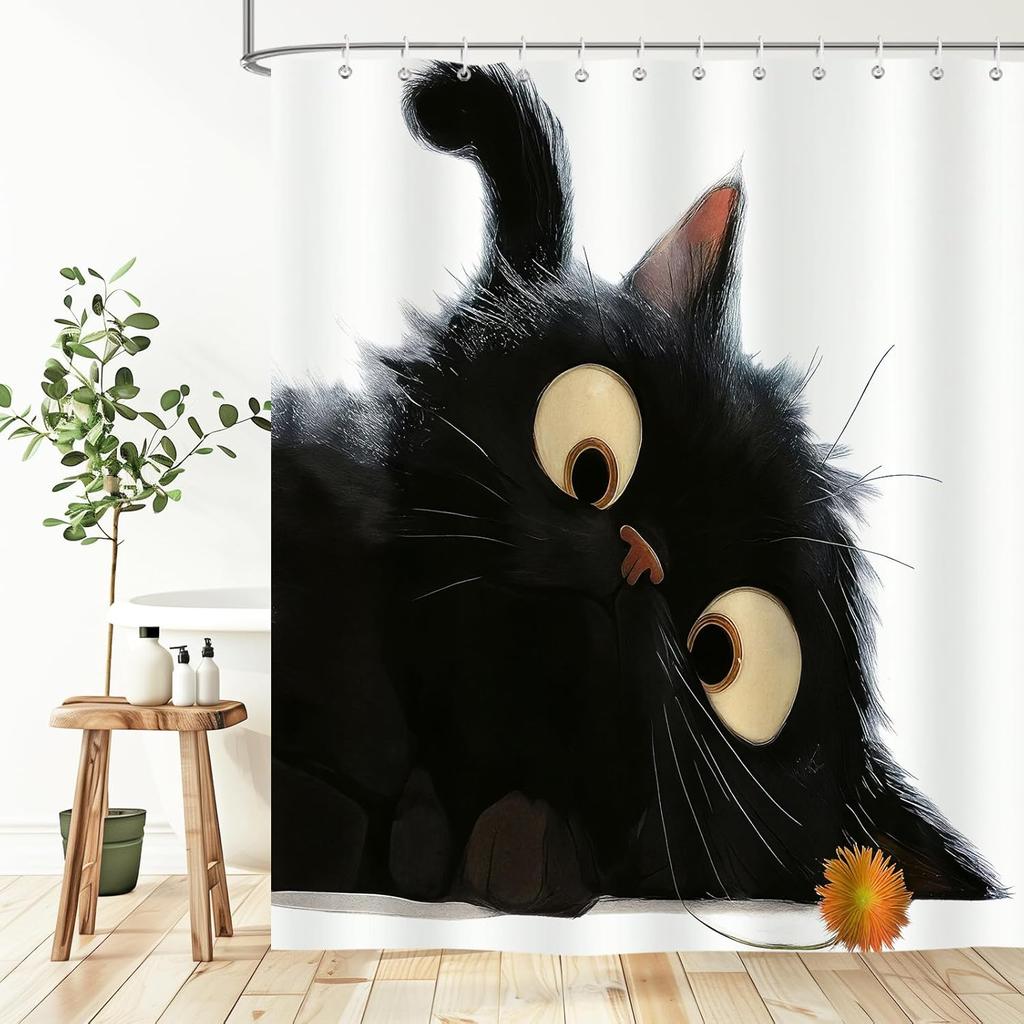 Cute Black Cat Shower Curtain Big Eyes Design Bathroom Decor Animal Art Waterproof Bath Curtain