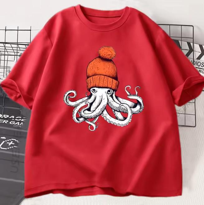Octopus Orange Beanie Cotton TShirt Japanese Style Graphic Tees Casual Cotton Short Sleeve Round Neck Tshirts Unisex Clothe