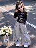 2026 Girls' Autumn Casual Suit: Slim Fit Long Sleeve T-shirt & Cartoon Sweatpants with Lace Wide Leg Pants for Middle and Big Kids.