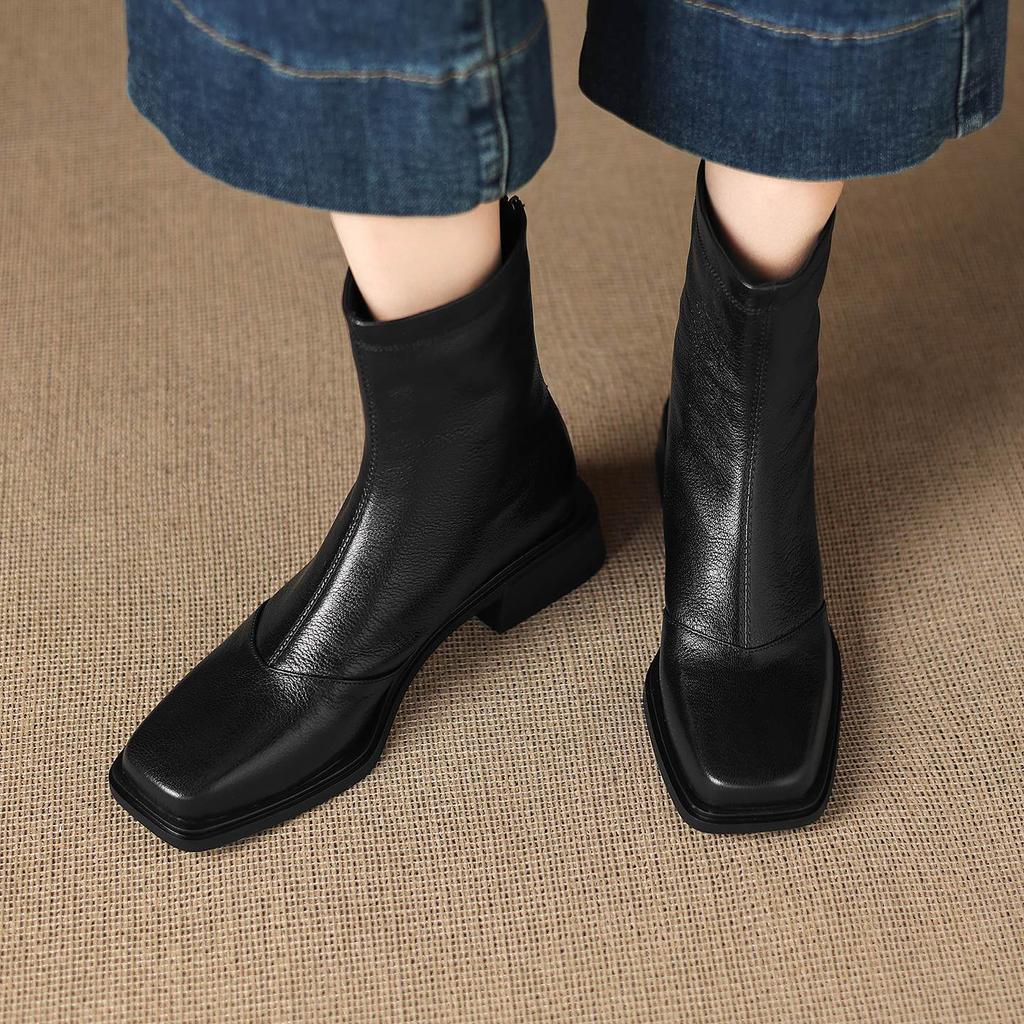 Krazing Pot Sheepskin Winter Square Toe Western Boots Med Heels Zipper Women Ankle Boots