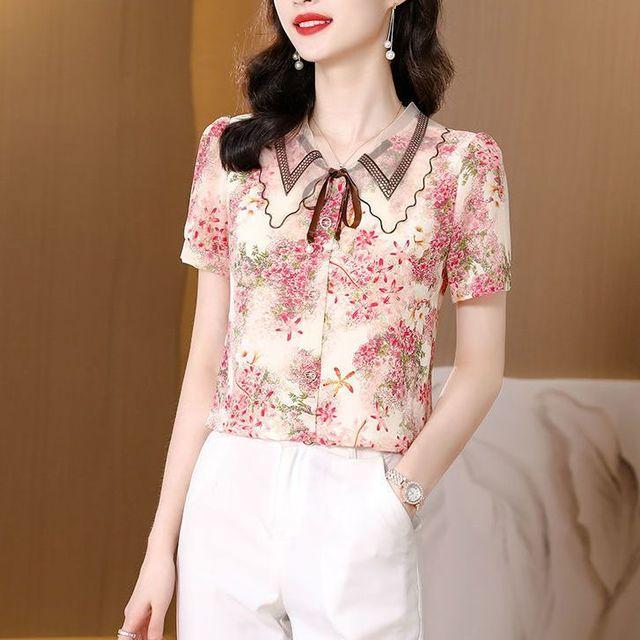 

Шифоновая рубашка с цветочным принтом, женская летняя новая модная блузка с коротким рукавом и принтом 4XL розовый
