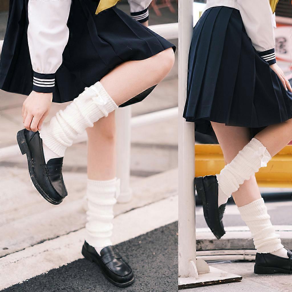 Damen Beinstulpen im japanischen Stil, Zopfmuster, mit süßer Schleife, Lolita, Studentin, einfarbige Fußabdeckung, Häkel-Twist-Streifenmuster, Wadenstrümpfe