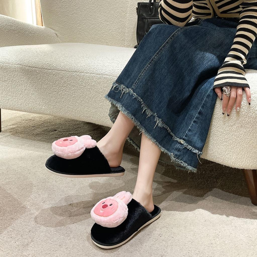 Cute outer wear cartoon plush slippers fairy wind hair bag head cotton slippers 2025 autumn and winter new fashion and comfort