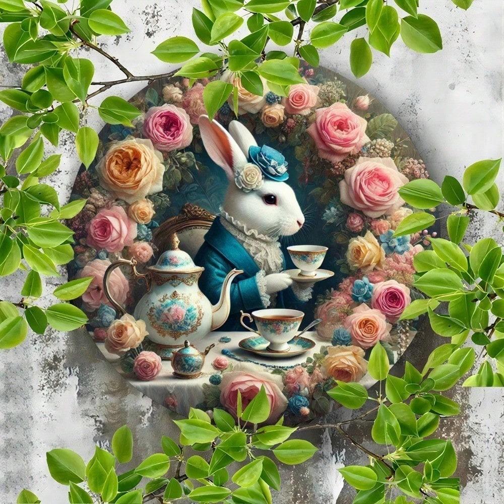 Vintage Rabbit Tea Time Metal Sign, Rustic Round Tin Plate Wall Art Decor for Kitchen Cafe Garden 8x8 Inch