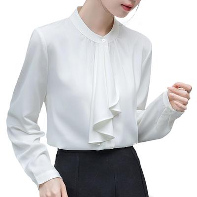 [SYitong] Women's Long-Sleeved Plain Blouse, Stylish, Washable, Collarless, White/Pink, Lined, Business/Office, Cute, Popular, Date, Outing, Commuting