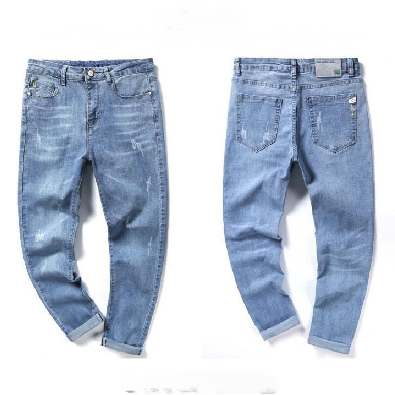 Velká velikost 2024 Džíny Pánské Slim Straight Korejský styl Trendy Strečové Světlá barva Ležérní kalhoty Letní Tenký styl