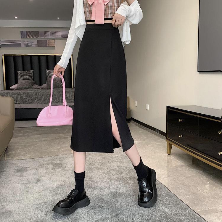 2024 Autumn High-Waist A-Line Slit Midi Skirt, Plus Size, Slimming Design