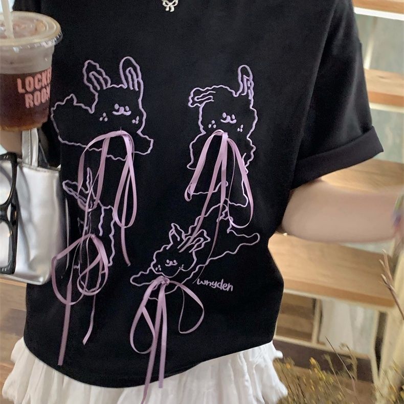 

Жіноча футболка з принтом із милим кроликом, літній бантик, шнурівка, жіноча футболка з короткими рукавами, вільний топ у корейській версії з круглим вирізом XL чорний