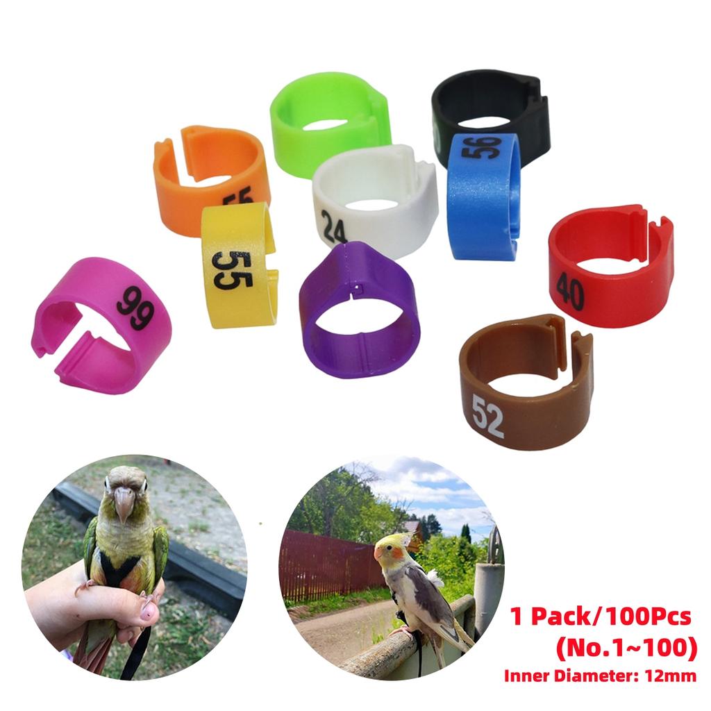 1 Pack/100Pcs Digital Plastic Bird Clip Foot Rings Inner Diameter 12mm Pigeon Quail Identification Leg Rings No.1~100 10 Colors