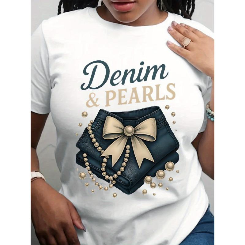 European Size White Denim & Pearl Print T-Shirt - Western Relaxed Fit Top with Jeans Pocket & Pearl Bow Tie, Short Sleeve Round Neck Blouse