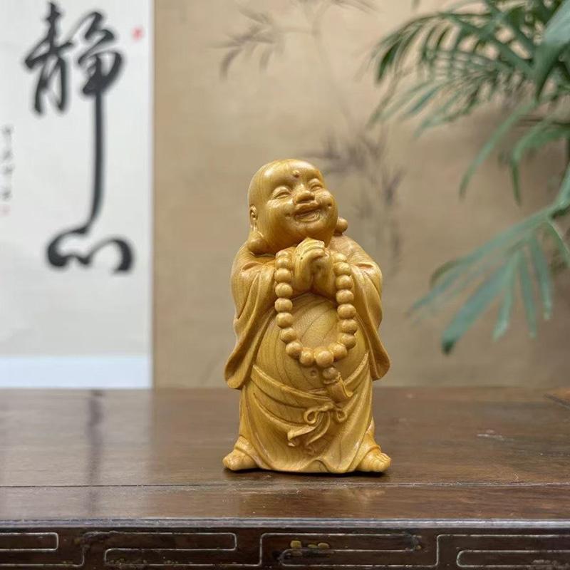 Wood Carving Laughlng Buddha Small Statue  Chinese Characteristic Craftsmanship Home, Room, Office Attracting Wealth Decoration