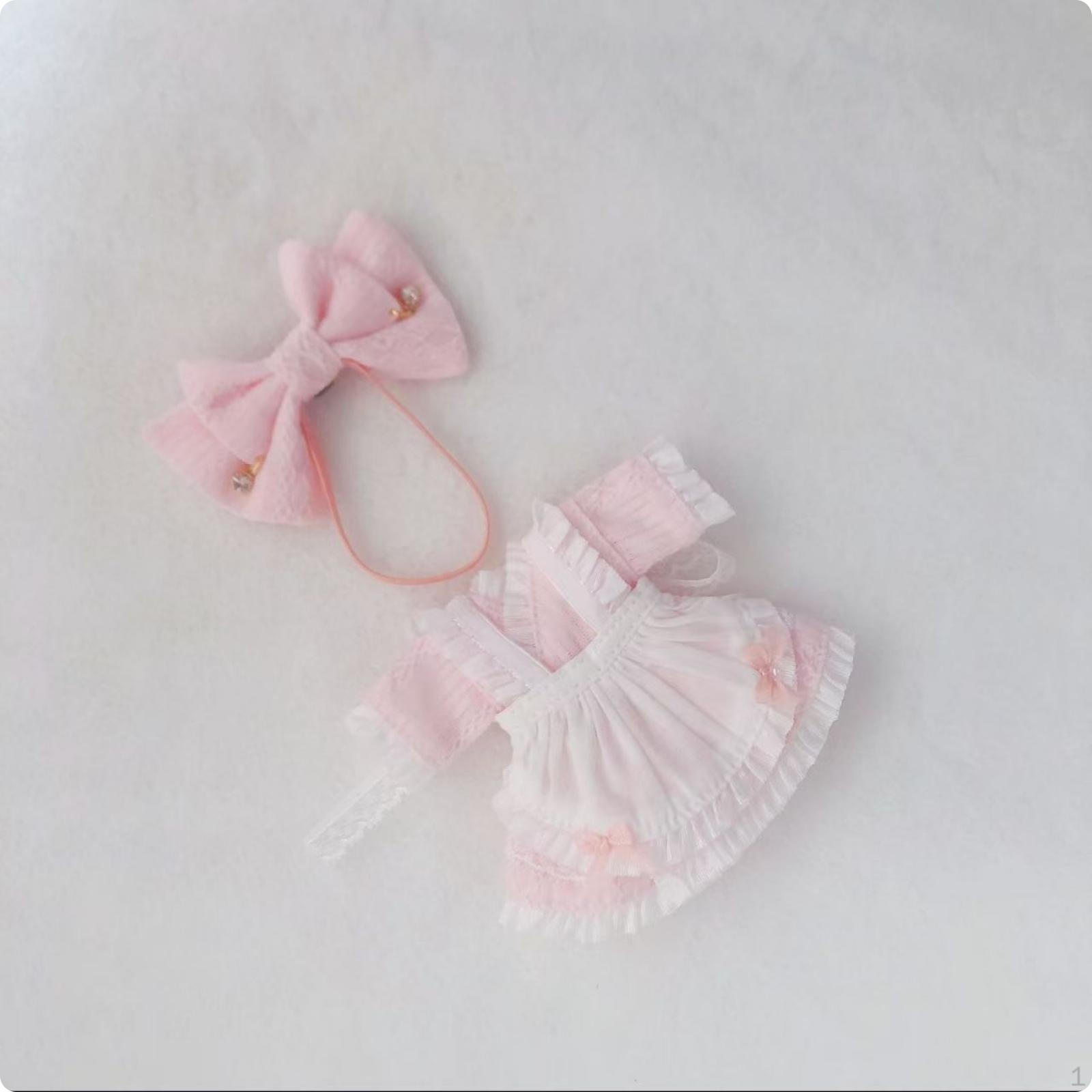 Doll Clothing MaidThemed Dress Headband Set Puff Sleeves Bow Layered Maid Pink Pink White