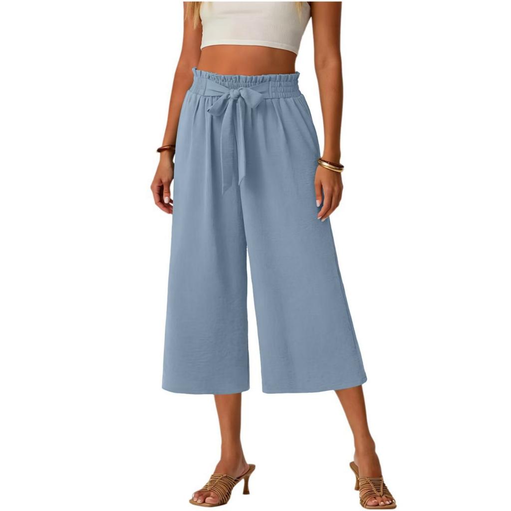 Women's Summer Lace-Up -Color Loose-Fit Straight-Leg 7/8-Length Pants With Pockets And Lace-Up Elastic Waistband