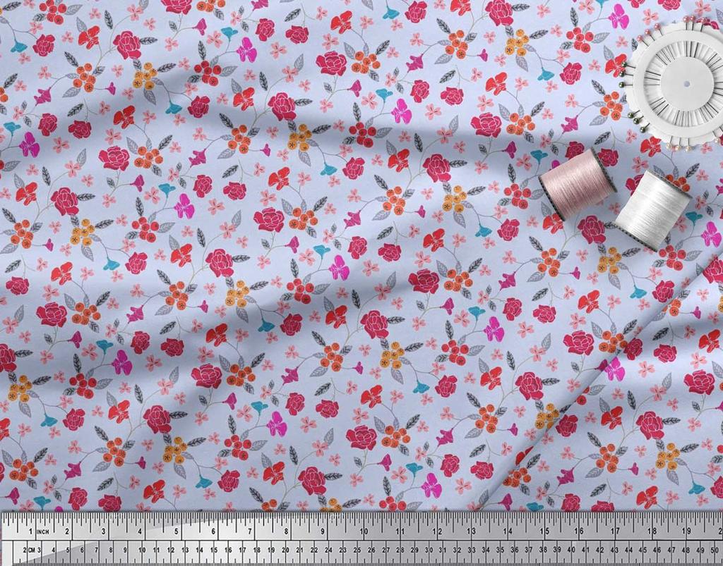Soimoi Japan Crepe Satin Fabric Berries,Leaves & Floral Artistic Print Fabric by the Metre 42 Inch