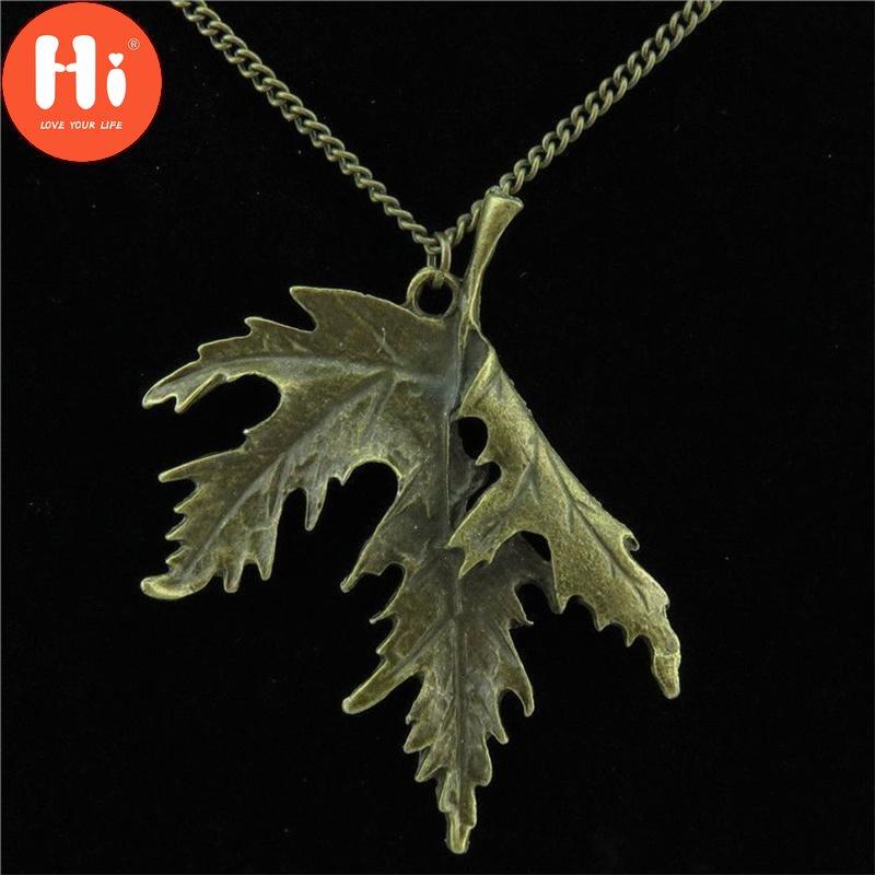 Hi New Trendy Vintage Bronze Color Maple Leaves Pendant Necklace Big Leaf Charm Long Chain Necklaces Women Jewelry Gifts