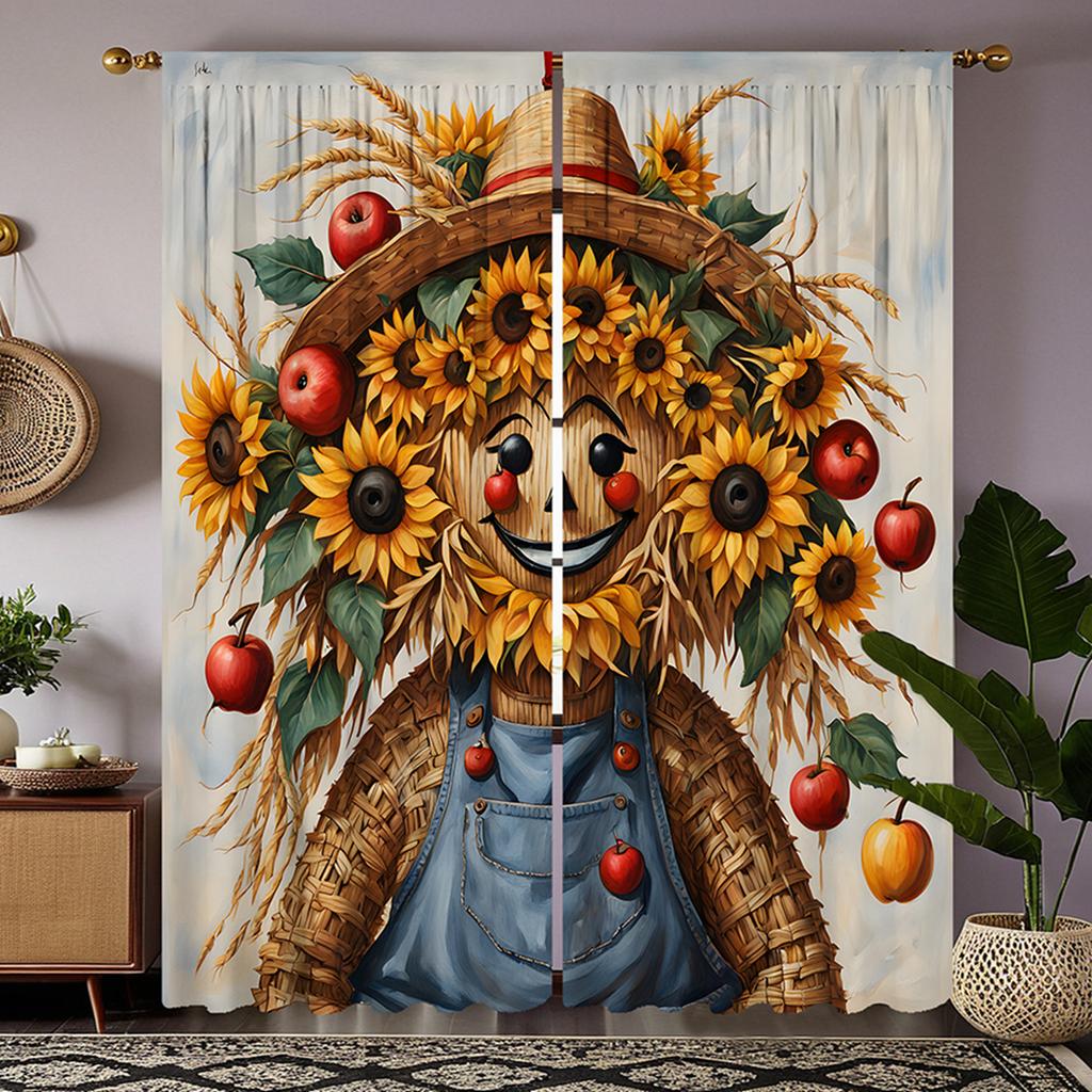 2pcs Set HD Thanksgiving Garland Scarecrow Decorative Curtain Yellow Tie Digital Printed Curtain Home Decor Style Decorative