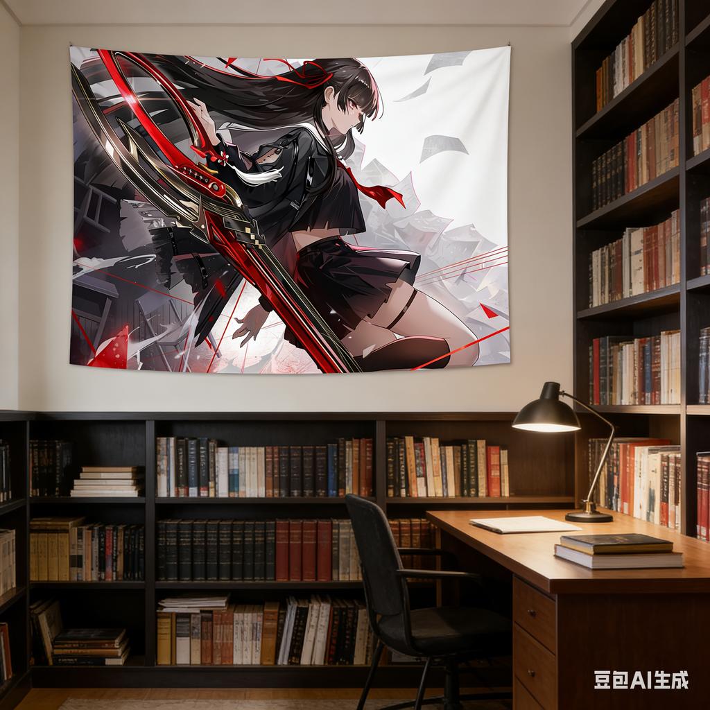 Dark Anime Girl with Red Scythe Tapestry Cool Action Character Print Wall Hanging for Teen Bedroom Game Room Decor