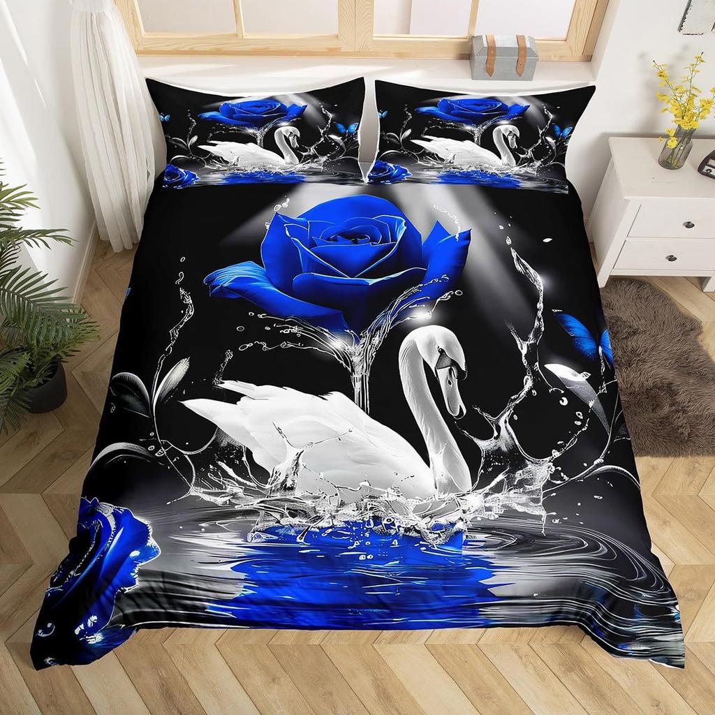 Blue Rose Digital Printed Duvet Set Three-Piece Valentine'S Day Gift Suitable For Bedroom Decoration Bedding