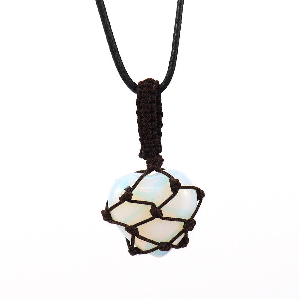 Natural Crystal Tiger Stone Agate Heart-Shaped Love Hand-Woven Mesh Pocket Pendant Necklace N704