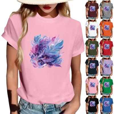 Women's Fashionable Round Neck Casual Retro Print Short Sleeved T-shirt Top