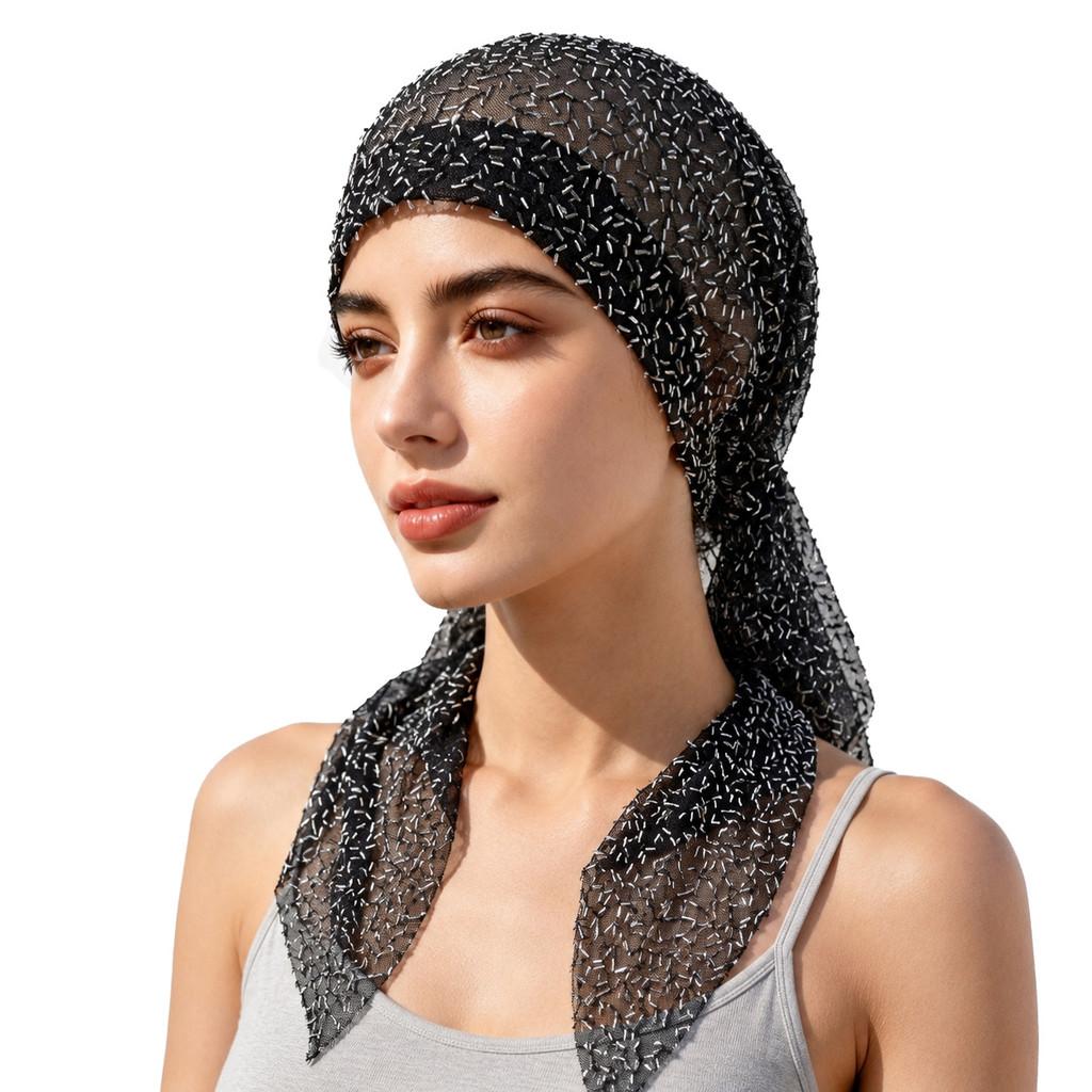 Stylish Womens Glitter Mesh Headscarf Cap With Sun Protection For Summer And Winter Wear