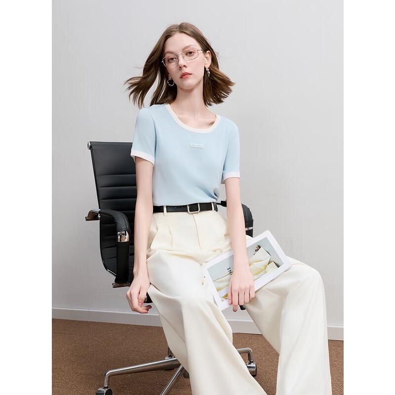 Sancai Farbblock Rundhals Kurzarm Stricktop