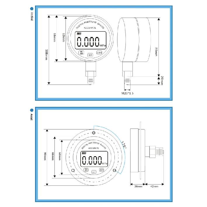 G1/4 Thread 0-400bar Pressure Measurement Gas Water Air Fuel 60mm Dial 0-30Mpa 0-40Mpa 0-60Mpa Radial LCD Display Pressure Gauge