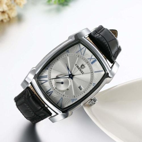 JEWELRYWE Men's Watch with Leather Strap, Calendar, 3ATM Water Resistance, Roman Numerals, Analog, Japanese Quartz Movement, Square Case, Business/Cas