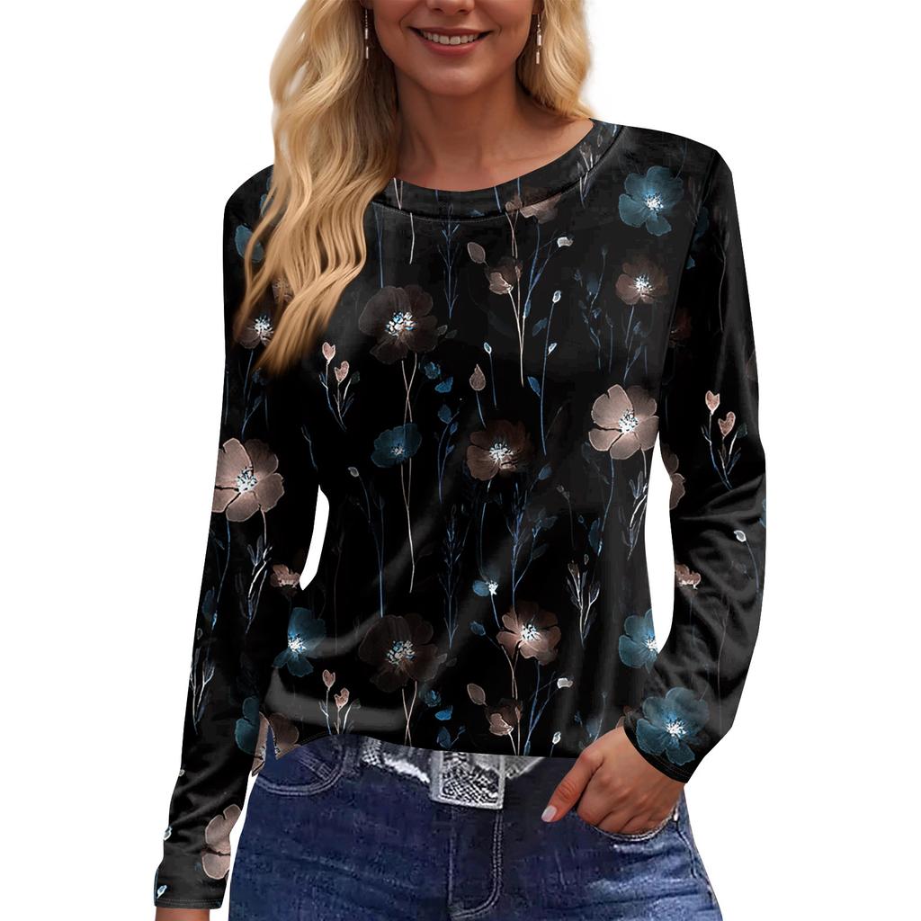 Women's Fashion Casual Slit Hem Round Neck Long Sleeve Loose  Printed T-Shirt Ladies Top