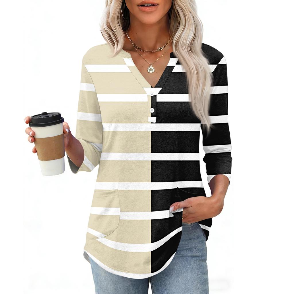 Womens 3/4 Sleeve V Neck Henley Pullover Top Geometric Print Casual Loose Fit Tunic Shirt
