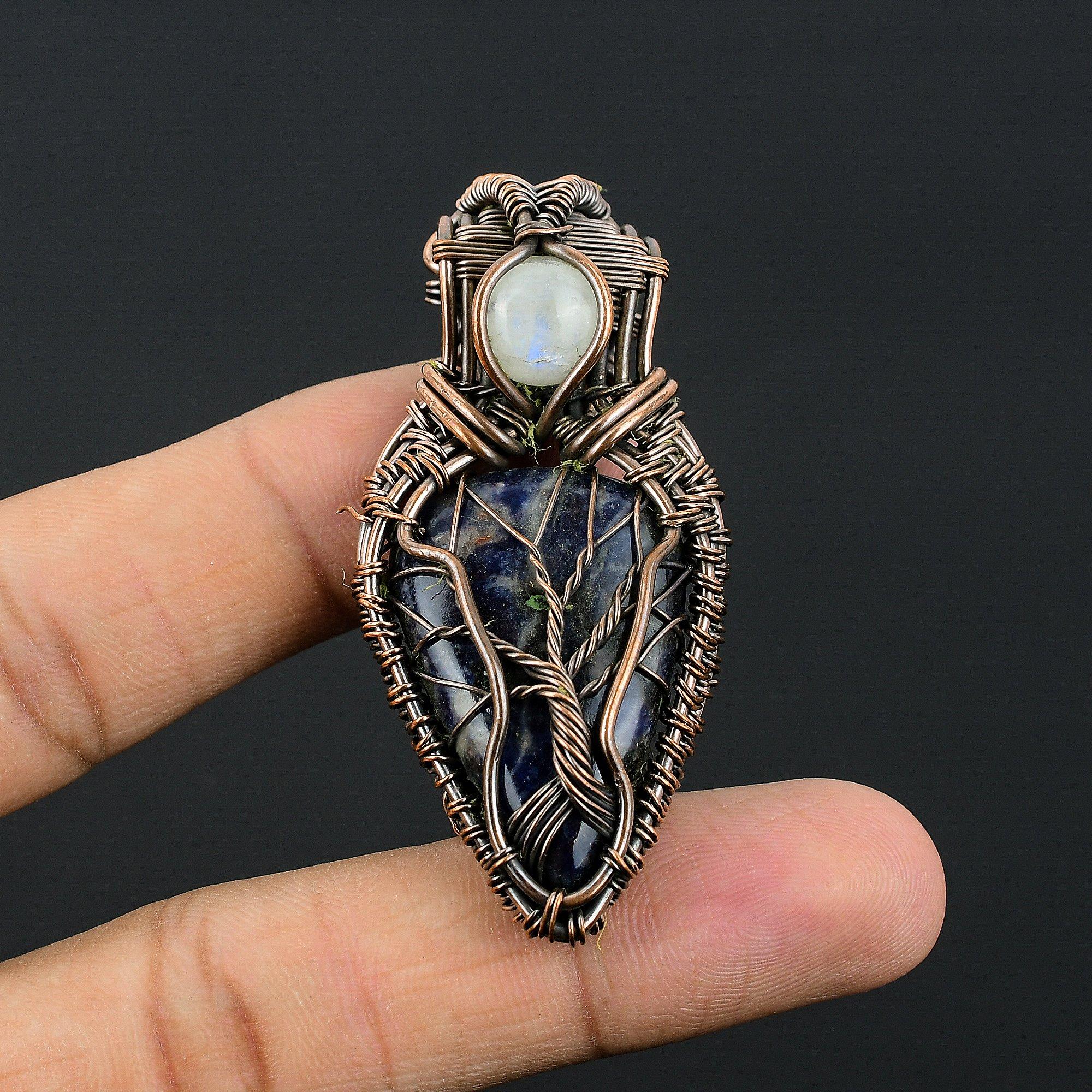 

Sodalite & Rainbow Moonstone Pendant, Gemstone 999 Copper Wire Wrapped Jewelry Pendant, Handmade Jewelry Birthstone Pendant, Gift For Him 2.55 Inches