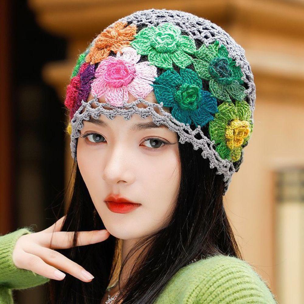 Colorful Beanie Cap Woolen Ethnic Style Pullover Hat Personality Flower Hollow Knitted Hat Girls