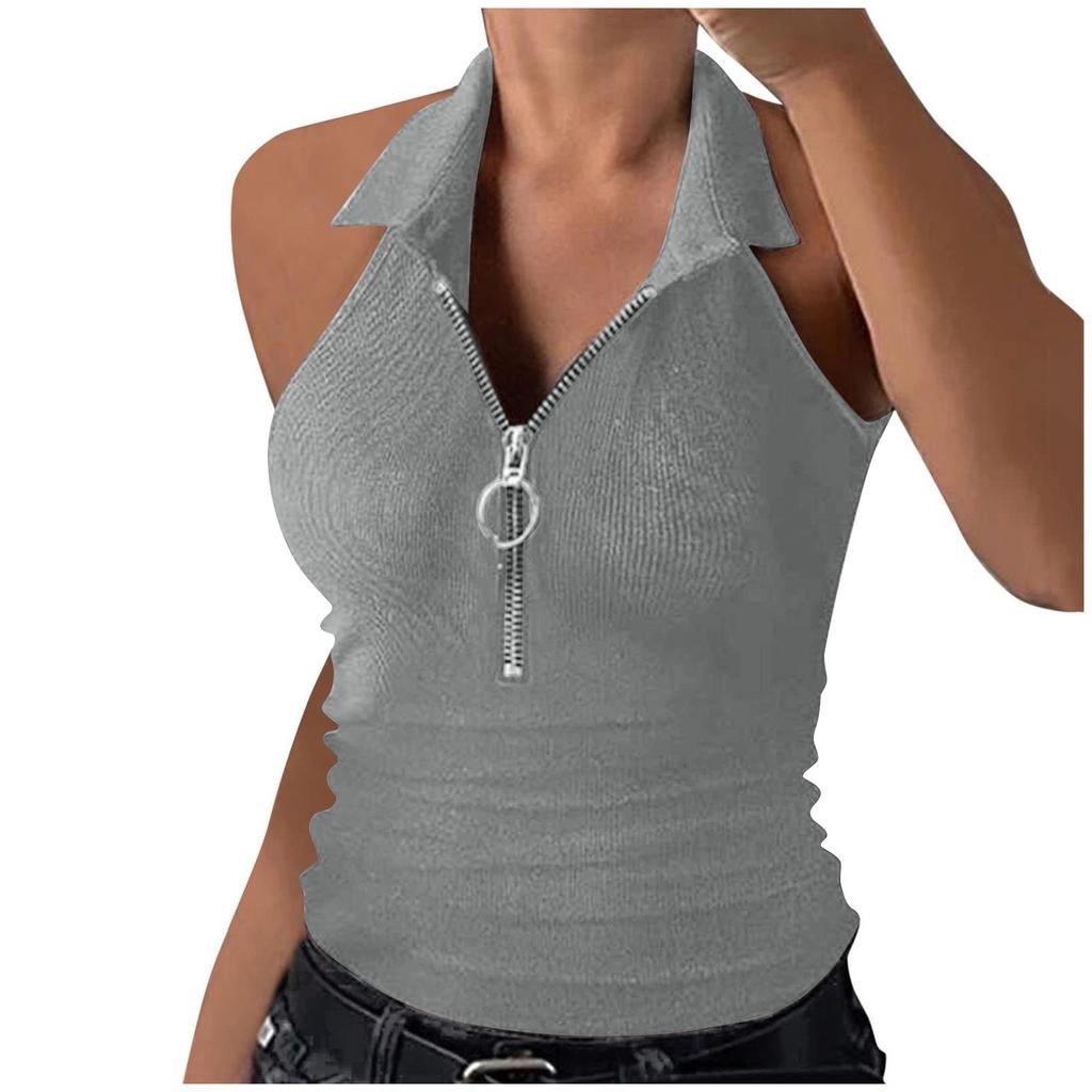 Women's  Vest Collared Summer Tank Top Ribbed Half Zipper V Neck Slim Cropped Sleeveless Cami Shirt